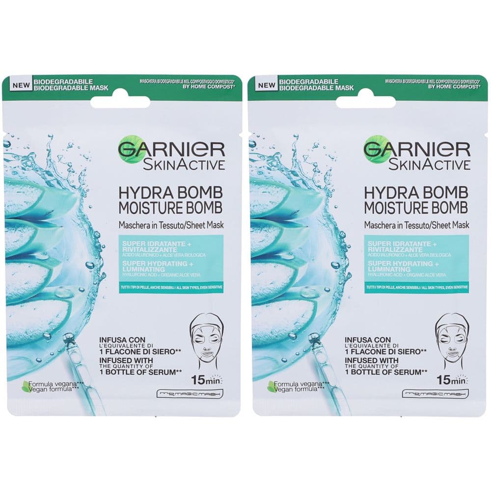 Garnier Maschera in Tessuto Skin Active Hydra Bomb, Con Acido Ialuronico e Aloe Vera Biologica, 28 gr