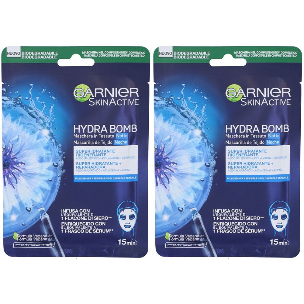 Garnier Maschera in Tessuto Skin Active Hydra Bomb Notte, Con Acido Ialuronico, Acqua Marina e Fiordaliso