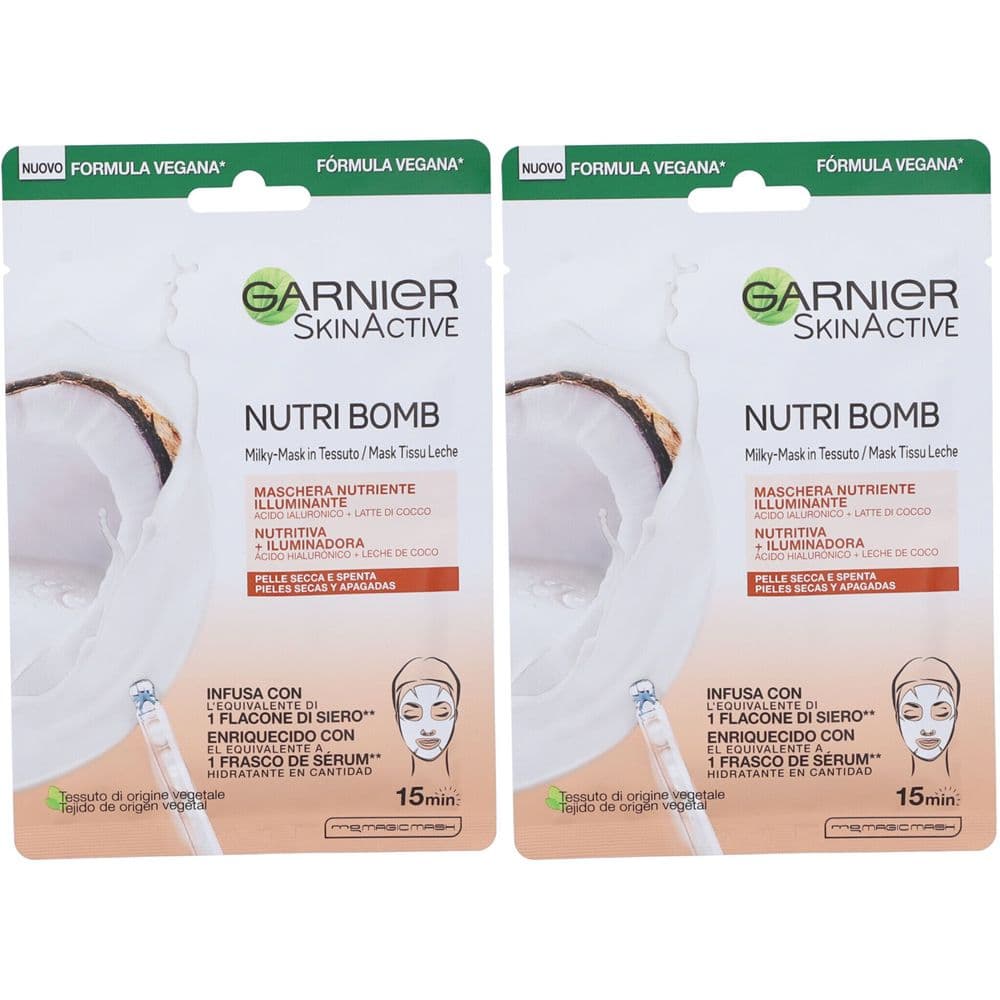 Garnier Maschera Viso in Tessuto Nutriente Illuminante NutriBomb Latte di Cocco Acido Ialuronico