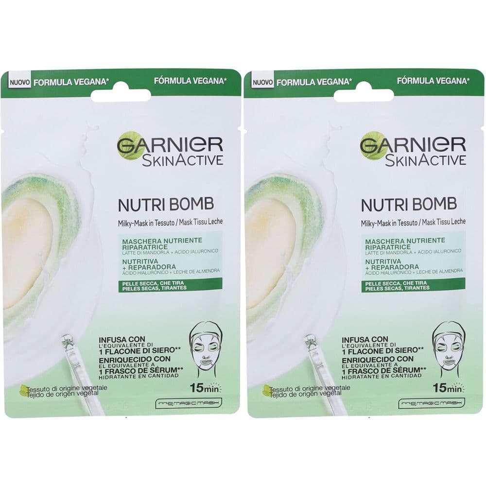 Garnier Maschera in Tessuto Nutriente Riparatrice NutriBomb, Ideale per la Pelli Secche e Molto Secche, Arricchita con Latte di Mandorla e Acido Ialuronico, 28 g