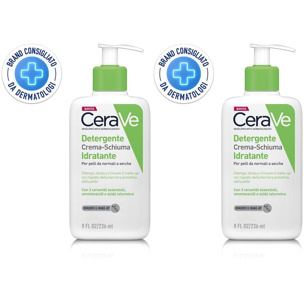 CeraVe Detergente crema-schiuma idratante Deterge ed Idrata. Con 3 ceramidi essenziali, acido ialuronico e tecnologia MVE 236 ml