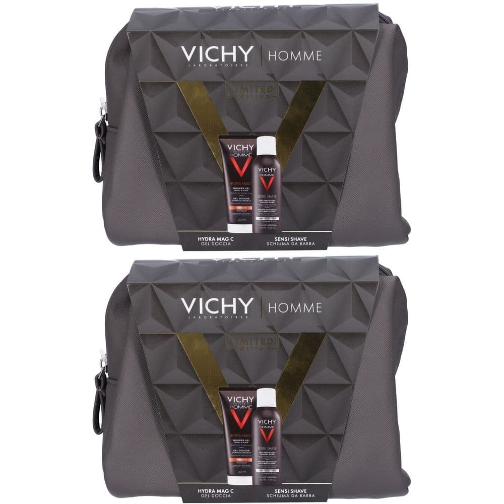 Vichy Homme Pochette Regalo da Uomo per le esigenze specifiche della pelle maschile con Gel Doccia Hydra Mag C  200 ml + Schiuma Da Barba Sensi Shave  200 ml
