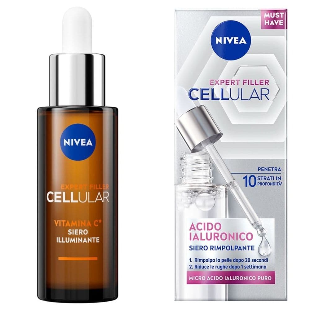 Nivea Cellular Expert Filler Siero Viso Vitamina C Illuminante + Siero Viso Acido Ialuronico Rimpolpante