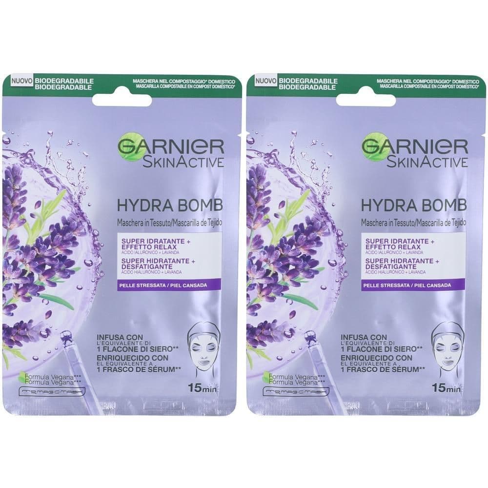 Garnier Maschera in Tessuto Skin Active Hydra Bomb Lavanda, Formula Super Idratante ed Effetto Relax, Per Pelli Stressate, con Acido Ialuronico e Lavanda