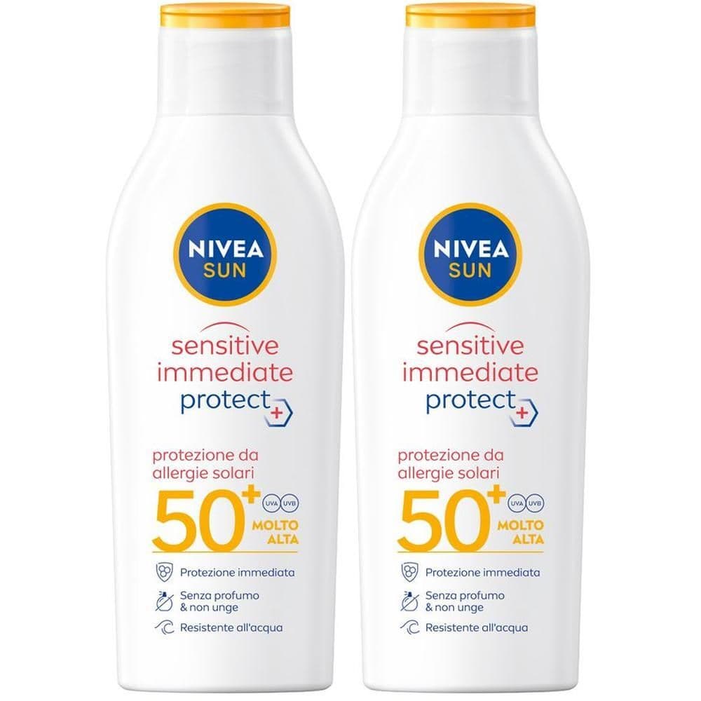 Nivea Sun Latte Solare Sensitive Immediate Protect FP50+ 200 ml, Crema solare per le allergie solari
