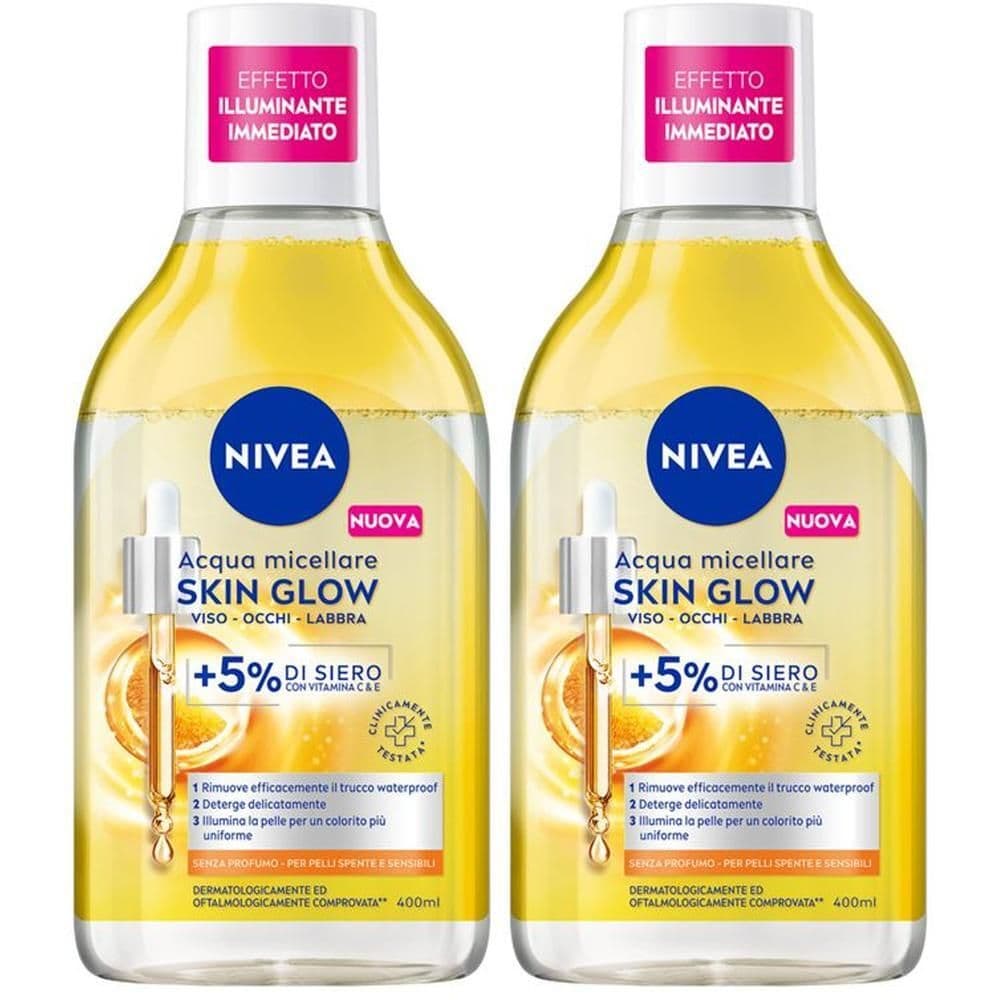 Nivea Acqua Micellare Skin Glow 400 ml, Struccante viso e occhi con 5% siero + Aminoacid Complex