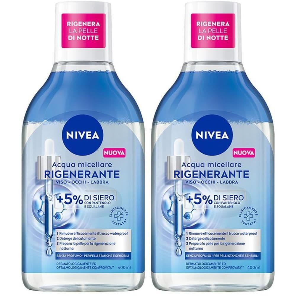 Nivea Acqua Micellare Rigenerante 400 ml, Struccante viso e occhi con 5% siero + Aminoacid Complex