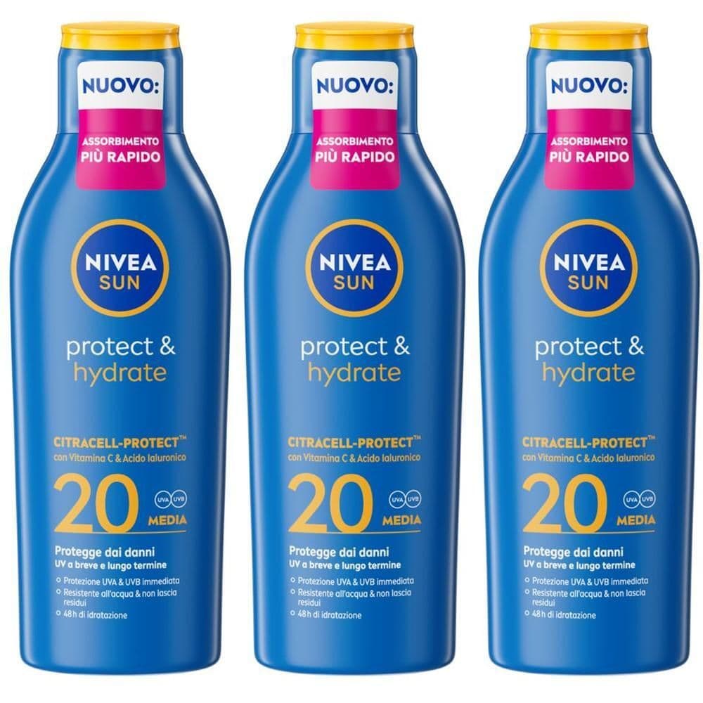 Nivea Sun Latte Solare Protect & Hydrate SPF20 200 ml, Crema solare 20 idratante per 48 ore
