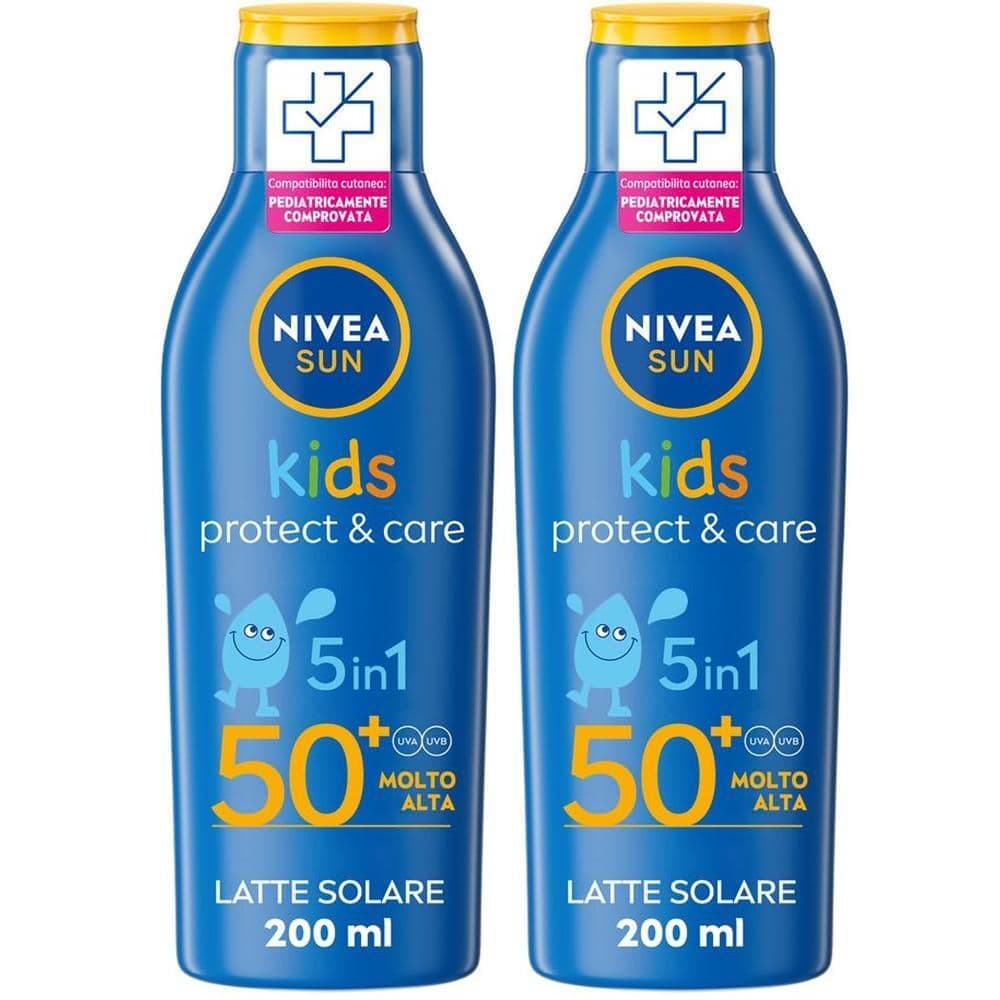 Nivea Sun Latte Solare Kids Protect & Care FP50+ 200 ml, Crema solare per bambini waterproof