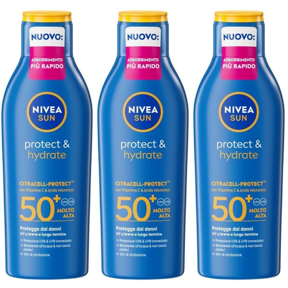 Nivea Sun Latte Solare Protect & Hydrate SPF50+ 200 ml, Crema solare 50+ idratante per 48 ore