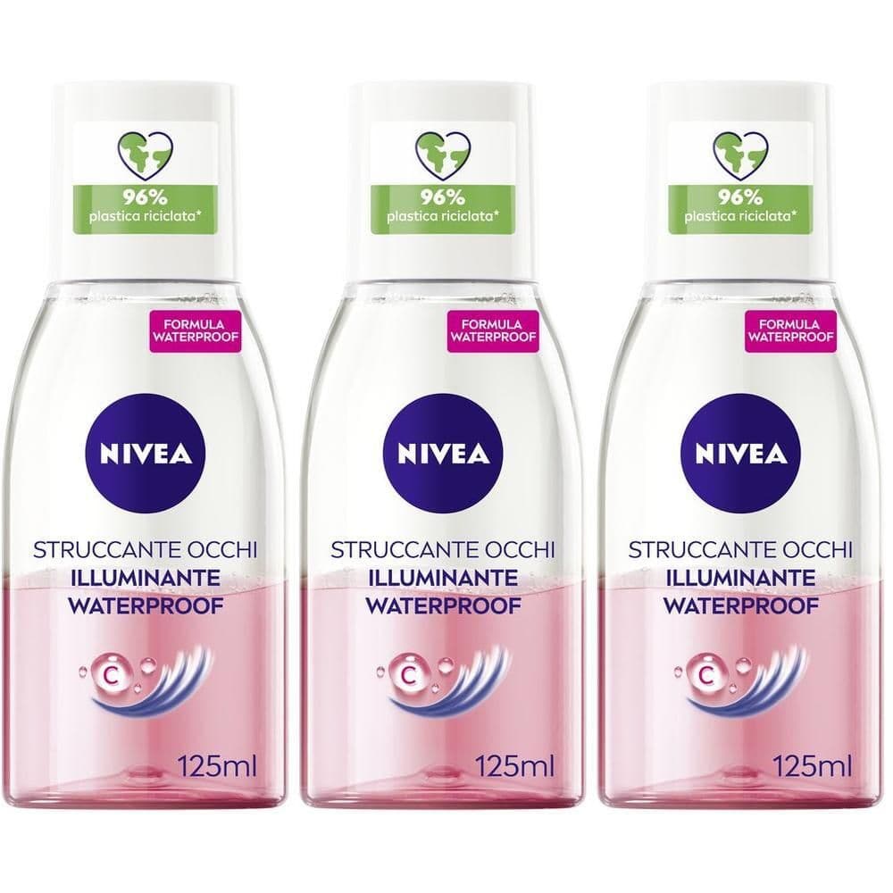 Nivea Struccante Occhi Bifase Illuminante Waterproof 125 ml, Olio struccante bifasico per gli occhi