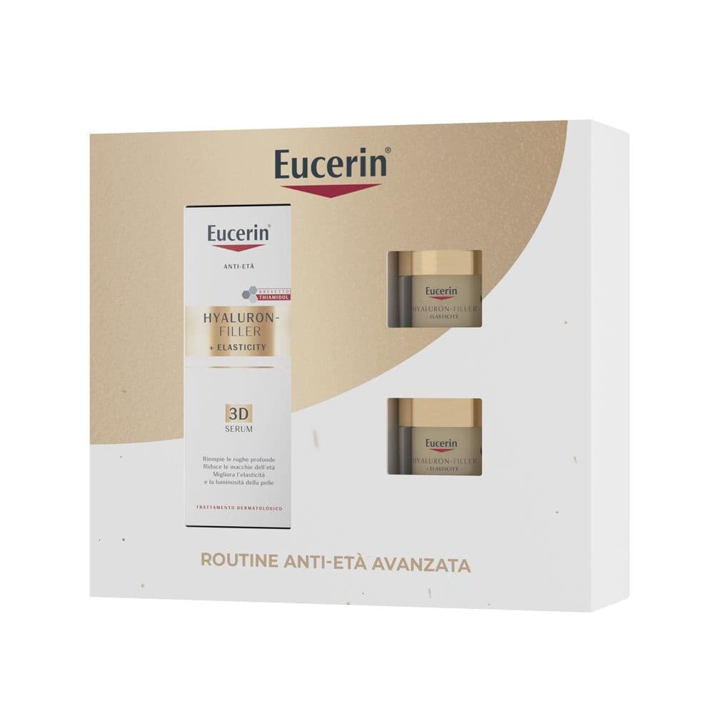 Eucerin Skincare Kit Routine Anti-Età Avanzata, Cofanetto regalo donna beauty antimacchie con Hyaluron-Filler+Elasticity Siero Viso 3D Serum, Mini Crema Giorno SPF30 e Mini Crema Notte