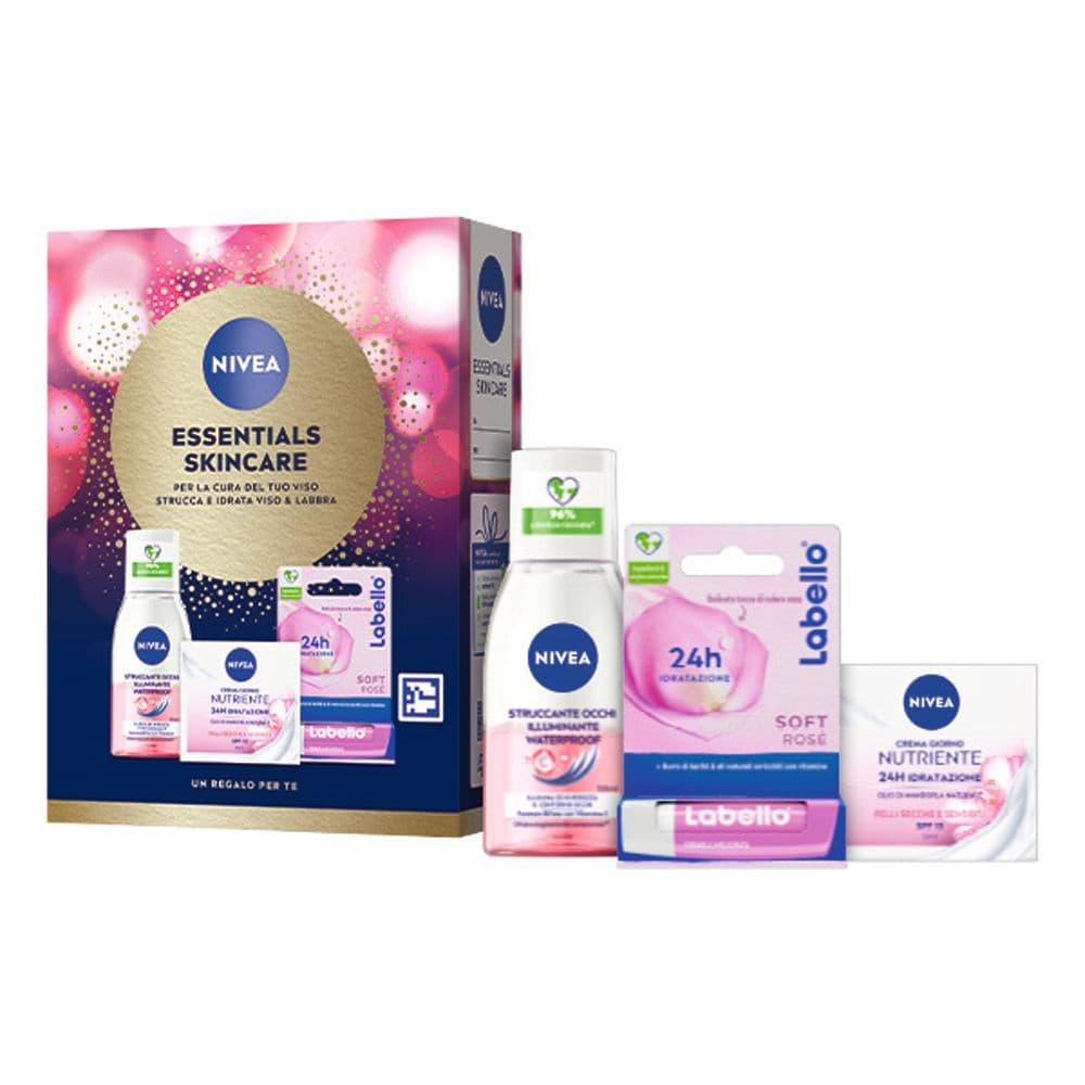 NIVEA Essentials Skincare Kit cofanetto regalo donna, Set regalo donna con Crema Viso Idratante Nutriente 50 ml, Struccante Occhi Waterproof 125 ml e Burrocacao Labbra Labello Soft Rosé 4.8 g