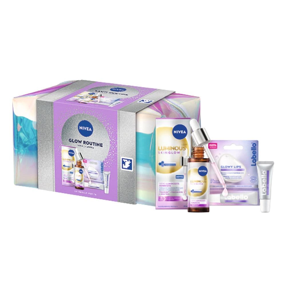NIVEA Glow Routine Cofanetto regalo donna, Set regalo donna con Luminous630 Skin Glow Siero Viso Luminosità Immediata 30 ml, Labello Burrocacao Labbra Glowy Lips 10 ml e travel bag omaggio inclusa