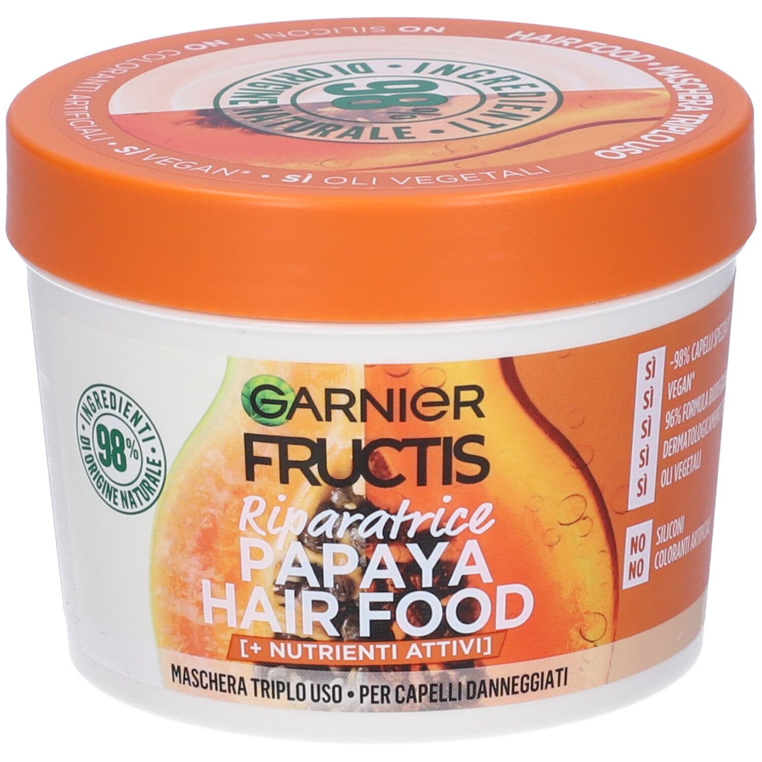 Garnier Maschera Riparatrice Fructis Hair Food, Maschera riparatrice 3in1 con formula vegana per capelli danneggiati, Papaya, 390 ml