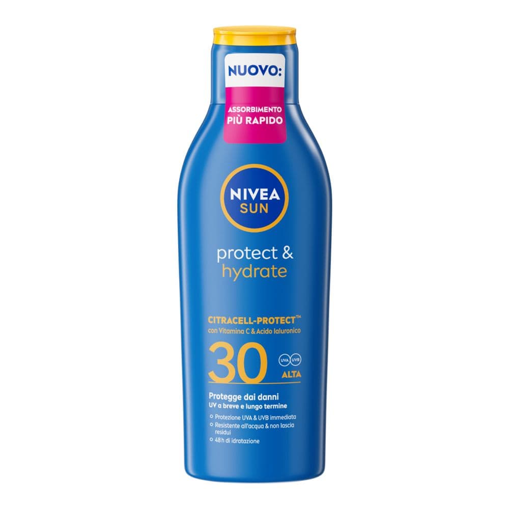 Nivea Sun Latte Solare Protect & Hydrate SPF30 200 ml, Crema solare 30 idratante per 48 ore