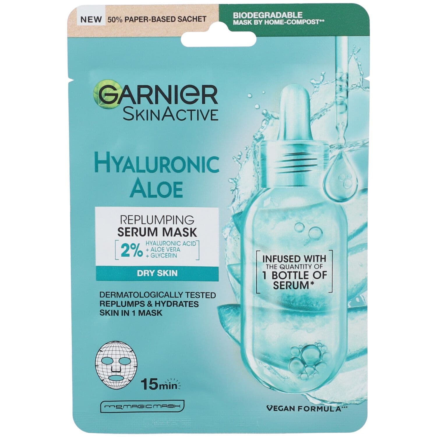 Garnier Maschera in Tessuto Skin Active Hydra Bomb, Formula Super Idratante e Rivitalizzante, Per Tutti i Tipi di Pelle, Con Acido Ialuronico e Aloe Vera Biologica, 28 gr