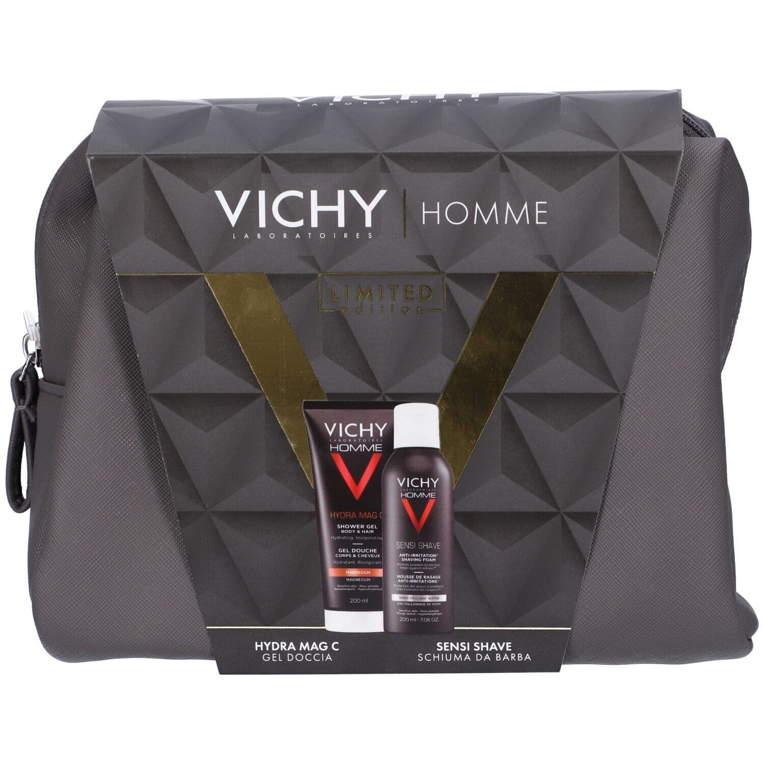 Vichy Pochette Regalo da Uomo per le esigenze specifiche della pelle maschile con Gel Doccia Hydra Mag C  200 ml + Schiuma Da Barba Sensi Shave  200 ml
