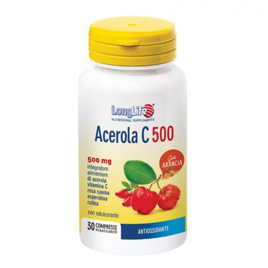 Acerola C500 Integratore Vitamina C con Rosa Canina Rutina ed Esperidina Gusto Arancia 30 Compresse Masticabili - LongLife