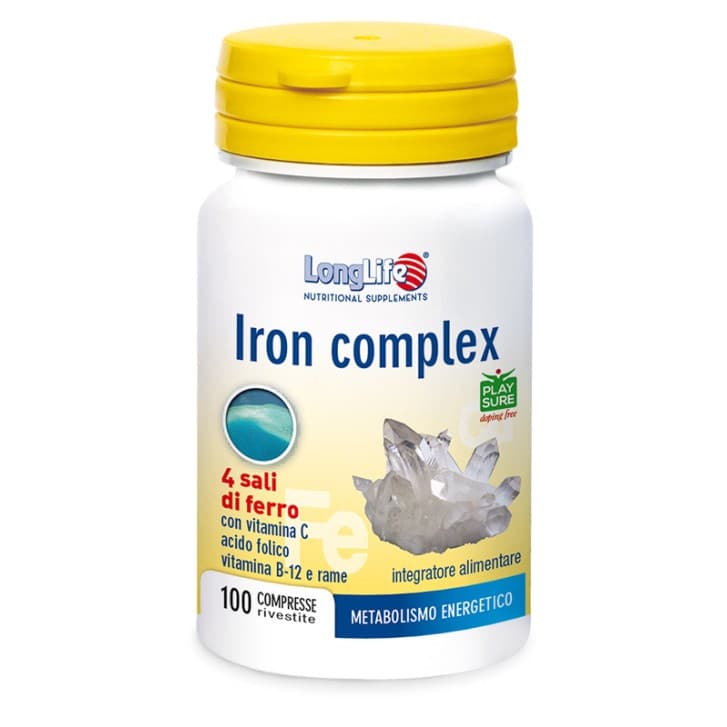 Iron Complex Integratore di Ferro con Vitamina C Acido Folico e Vitamina B12 100 Compresse - Longlife