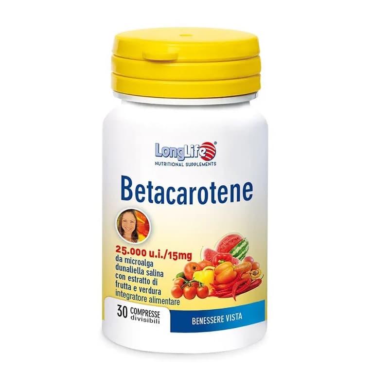 Betacarotene 25.000 UI Integratore per Vista Pelle e Difese Immunitarie 30 Compresse Divisibili Senza Glutine - LongLife