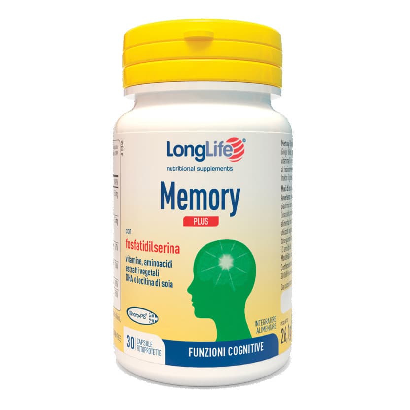 Memory Plus Integratore per Memoria e Funzione Cognitiva con Fosfatidilserina DHA e Vitamine 30 Capsule - Longlife