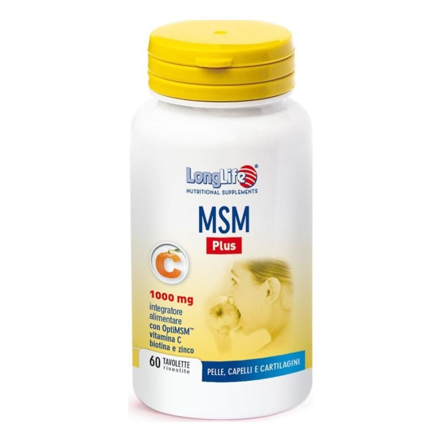MSM Plus 1000mg Integratore per Pelle Capelli Unghie e Cartilagini con Vitamina C Biotina e Zinco 60 Tavolette - LongLife
