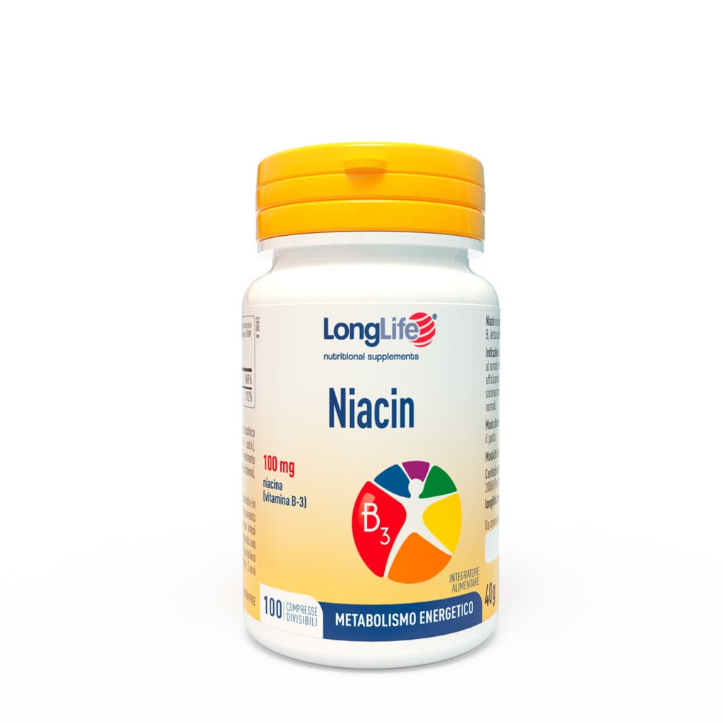 Niacin Integratore Vitamina B3 per Metabolismo Energetico e Funzione Psicologica Vegan Senza Glutine 100 Compresse - LongLife