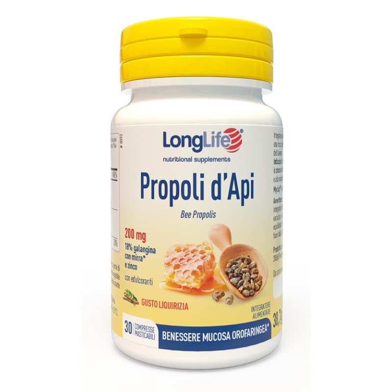 Propoli d'Api Integratore per Gola e Sistema Immunitario con Mirra e Zinco 30 Compresse Masticabili - Longlife