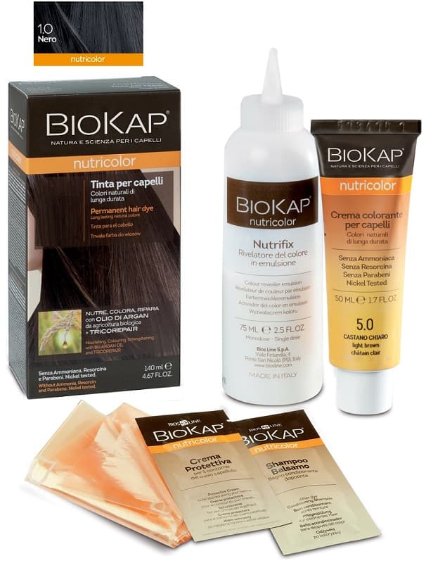 Biokap Nutricolor Tinta per Capelli 1.0 Nero con Olio di Argan e Proteine Vegetali 140 ml - BIOS LINE SPA