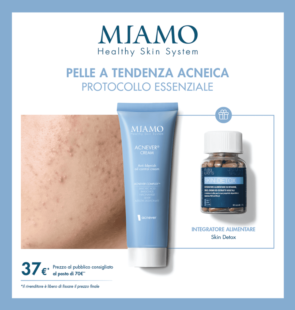 Miamo Cofanetto 2025 Protocollo Pelle a Tendenza Acneica - Miamo Acnever Cream 50 ml + Miamo Skin Detox 60 capsule