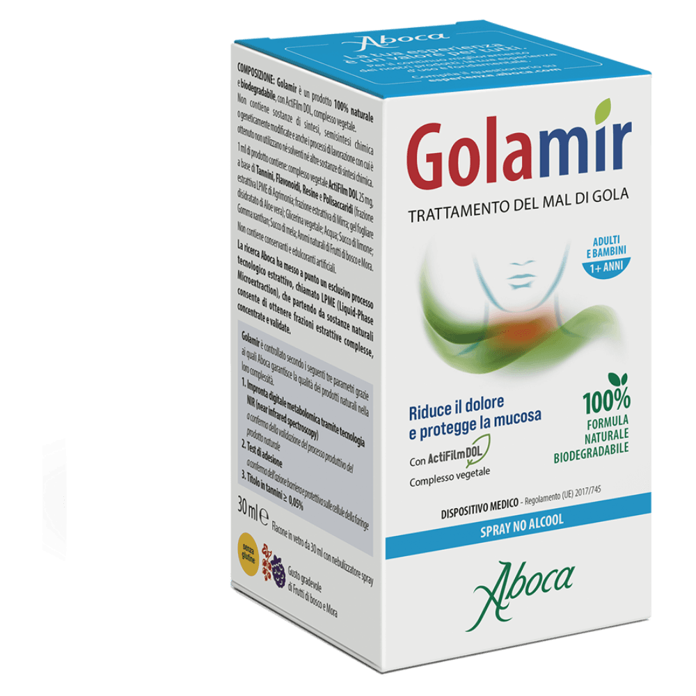 Aboca Golamir 2Act Spray No Alcool Dispositivo Medico Mal di Gola e Cavo Orale Vie Respiratorie 30 ml