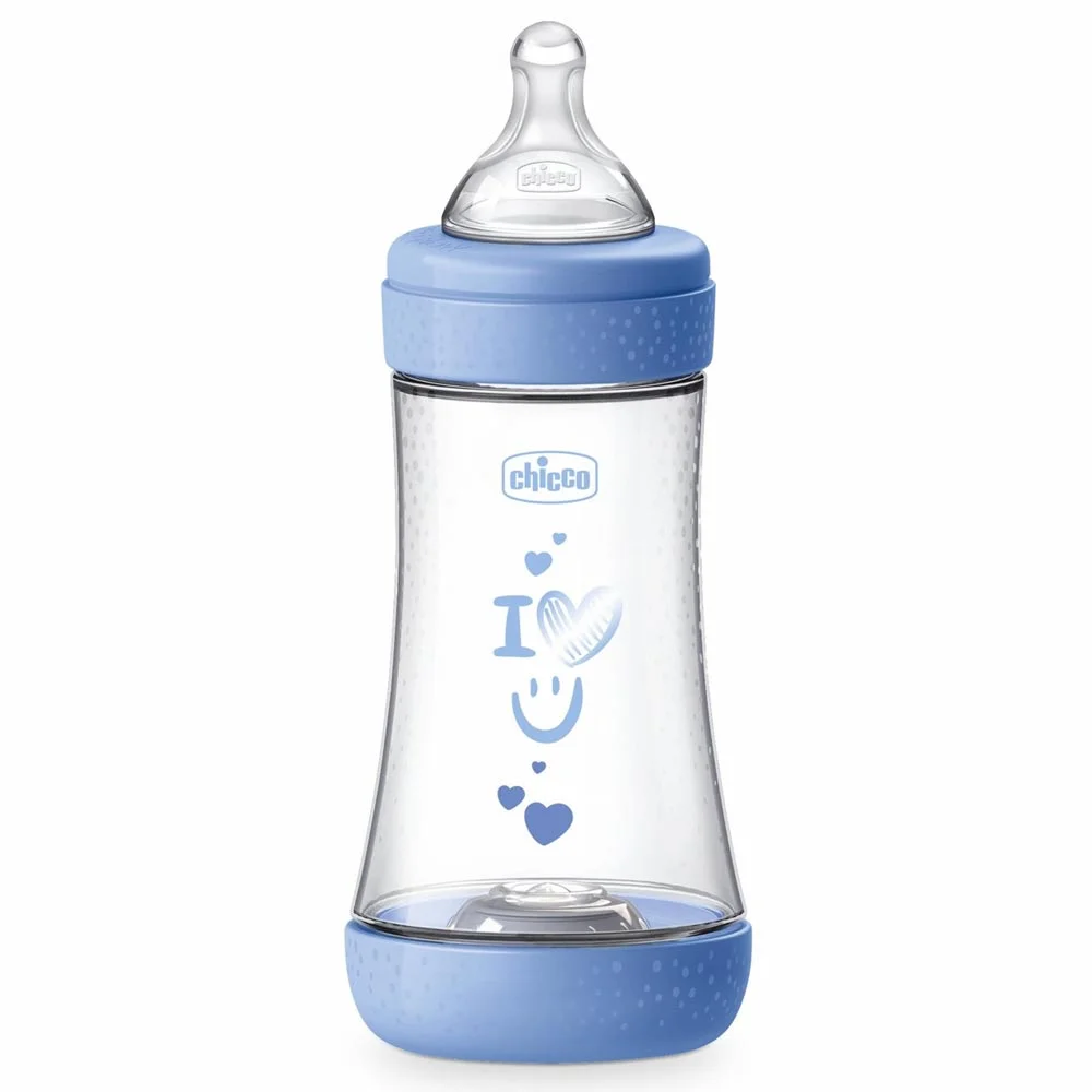 Chicco Perfect 5 - Biberon biofunzionale azzurro a flusso medio per prevenire le coliche, 240 ml