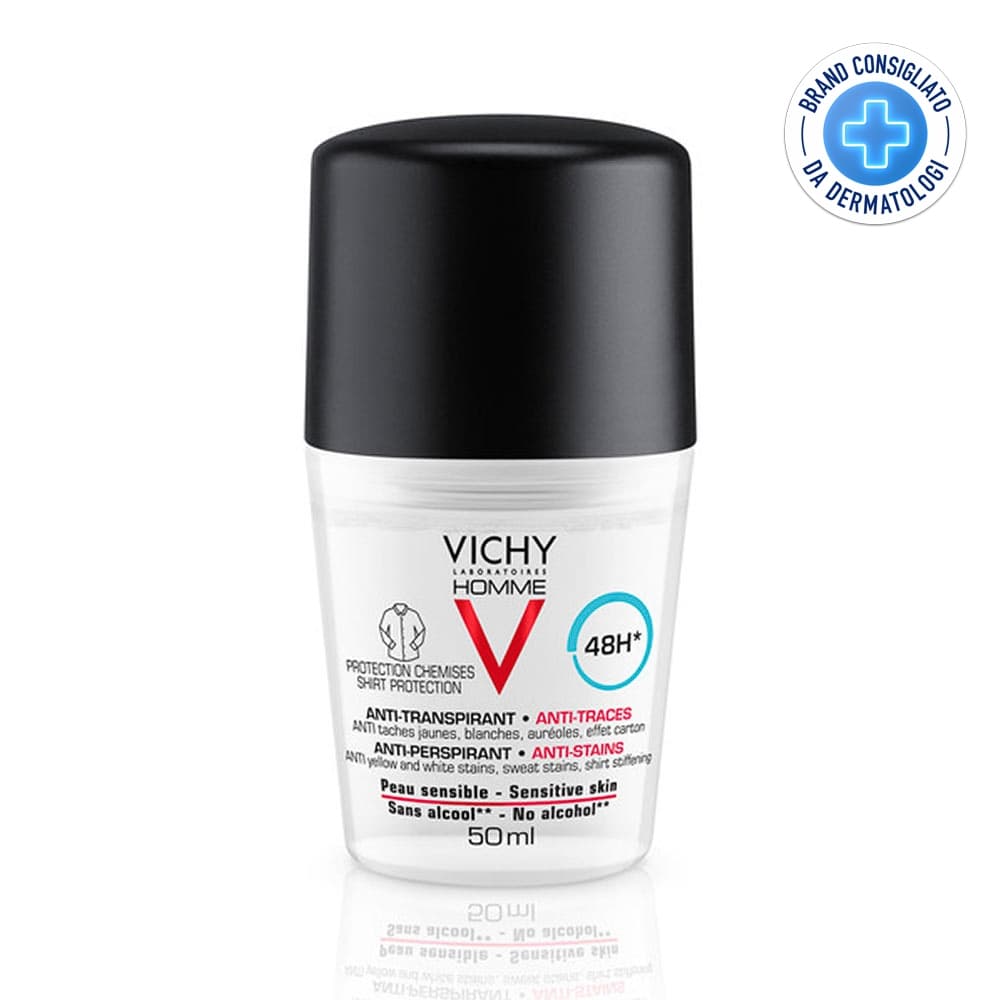 Vichy Homme - Deodorante  Anti Macchie Roll On Anti-Traspirante 48H, 50ml