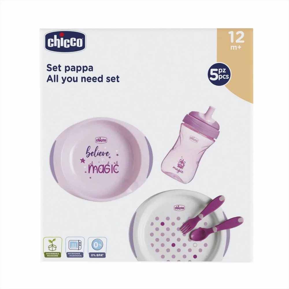 Chicco All You Need Set Pappa 12M+ Colore Rosa, 1 Cup + 2 Piatti + 2 Posate