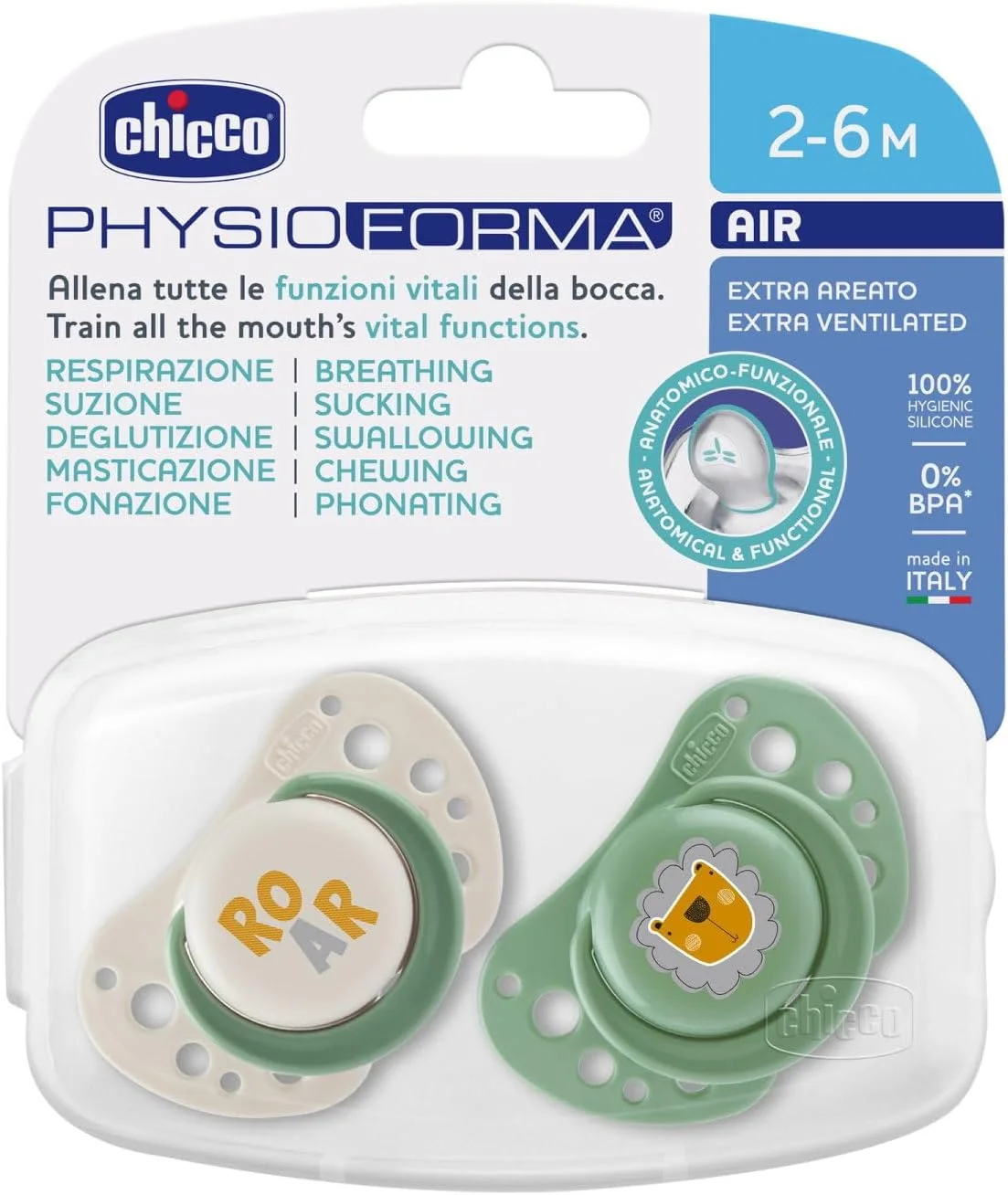 Chicco PhysioForma - Air Bianco e Verde Succhietto 2-6M Tettarella in Silicone, 2 Pezzi