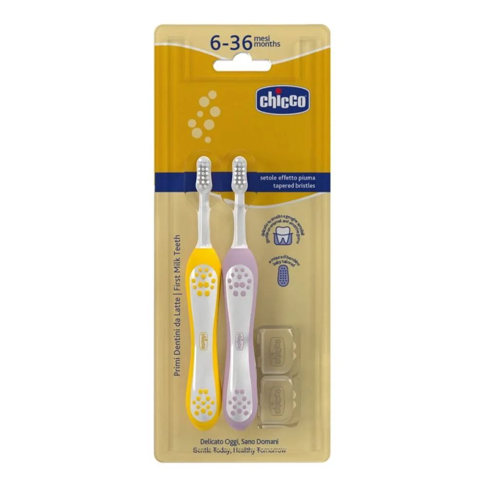 Chicco Spazzolino Primi Denti Da Latte 6-36M Colore Rosa e Giallo, 2 Pezzi