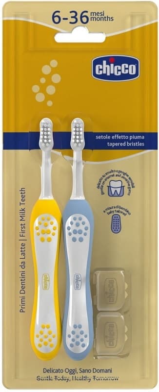 Chicco Spazzolino Primi Denti Da Latte 6-36M Colore Azzurro e Giallo, 2 Pezzi