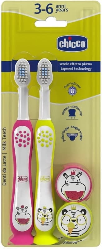 Chicco Spazzolino 3-6 Anni Colore Rosa e Giallo, 2 Pezzi