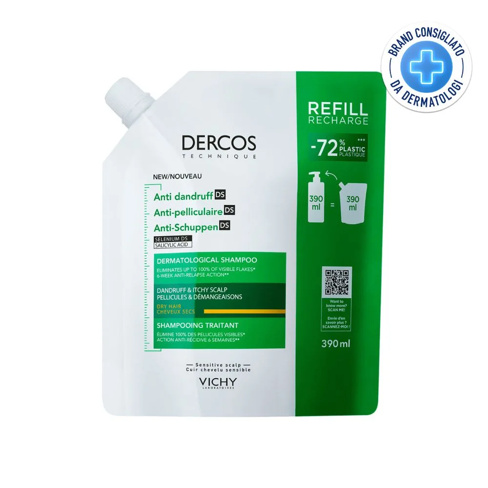 Vichy Dercos Eco-Ricarica Shampoo Anti-Forfora DS per Capelli Secchi Azione Anti-Prurito e Anti-Ricomparsa, 390ml