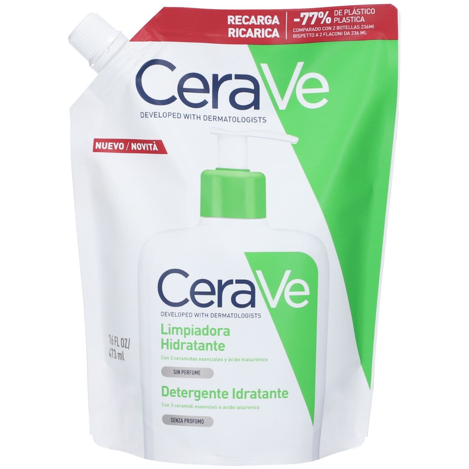 CeraVe REFILL Detergente Idratante Viso e Corpo Pelle da Normale a Secca, con acido ialuronico e ceramidi 473 ml