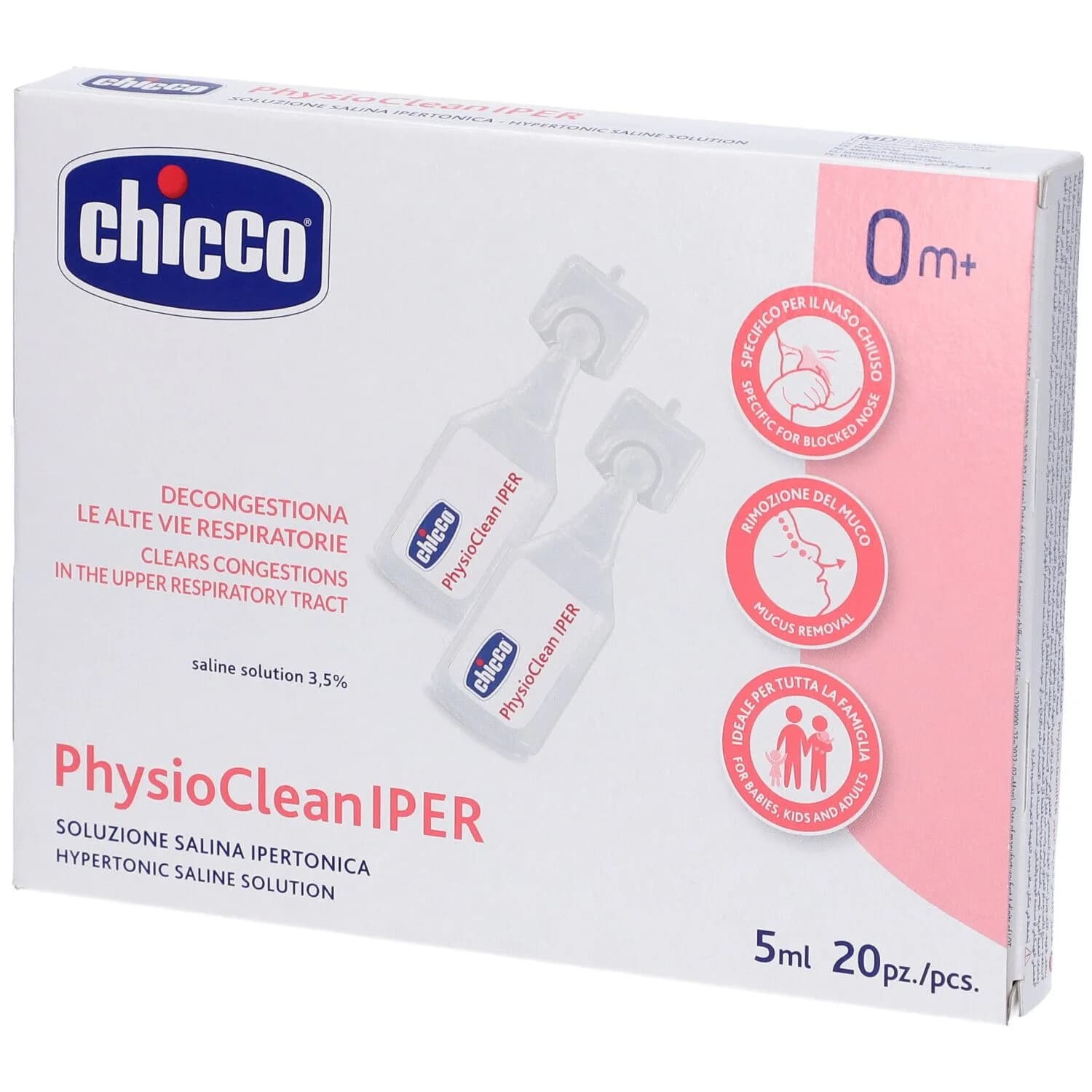 Chicco Physioclean Iper - Soluzione salina ipertonica per i lavaggi nasali, 20 flaconcini da 5 ml