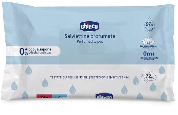 Chicco Salviette detergenti per la pelle sensibile dei neonati senza placchetta, 72 salviettine